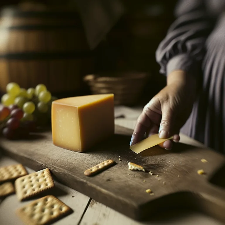 Apetyczny kawałek sera cheddar na drewnianej desce, gotowy do spożycia.