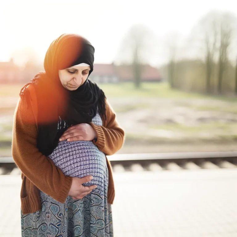 Uśmiechnięta kobieta w ciąży mierzy taśmą centymetrową wielkość swojego brzucha.