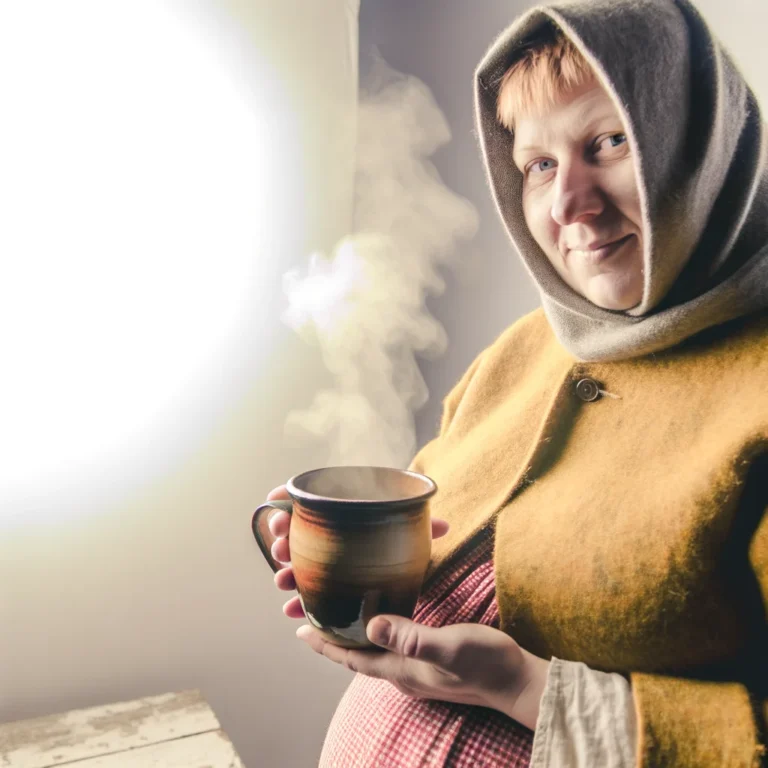Uśmiechnięta kobieta w ciąży relaksuje się na kanapie, popijając herbatę ziołową - zdrowsza alternatywa dla napojów z kofeiną.