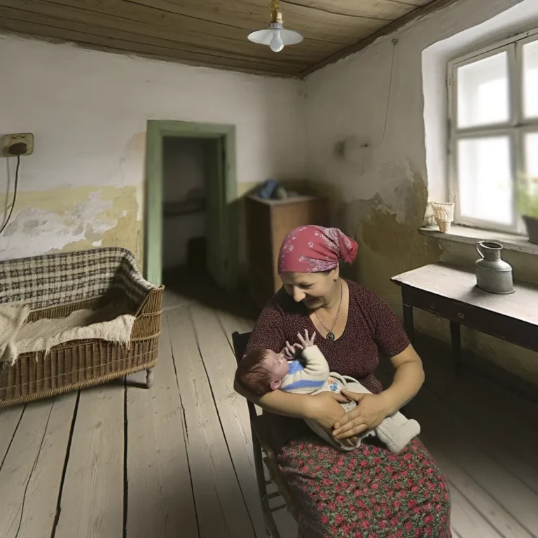Kobieta w połogu trzymająca noworodka na rękach.