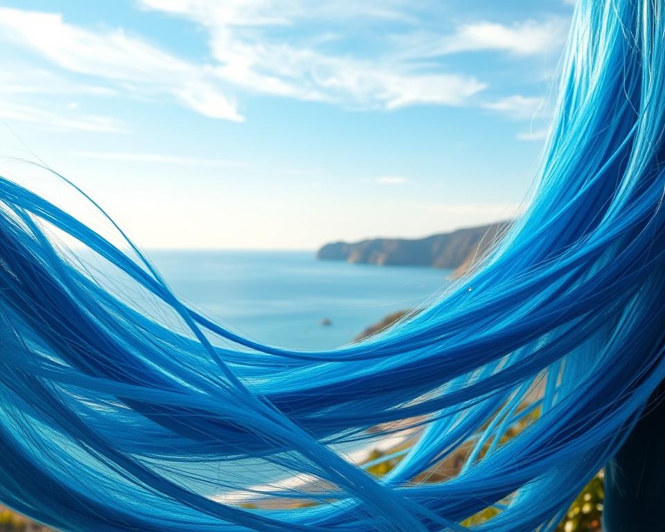A serene seaside landscape with a mesmerizing gradient of blue hues. In the foreground, lush strands of vibrant blue ombre hair flow gracefully, their soft waves catching the gentle ocean breeze. The middle ground features a tranquil bay with crystal-clear waters reflecting the azure sky, dotted with wispy clouds. In the background, a picturesque coastline with rugged cliffs and lush vegetation sets the scene. The lighting is soft and natural, casting a warm, golden glow over the entire composition. The overall mood is one of serenity, beauty, and the allure of the ocean's calming influence.