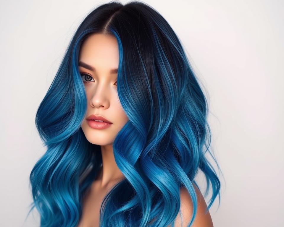 Vibrant blue ombre hair, cascading in lush, flowing waves. A modern, stylish look with gradient hues, from deep navy to soft sky blue. Gently backlit to create a luminous, ethereal effect, with delicate highlights reflecting the light. The hair falls elegantly around the subject's face, framing their features in a captivating, trendy display. Set against a minimalist, light-colored background to allow the blue tones to shine. Crisp, high-resolution image captured with a professional-grade camera lens, showcasing the nuanced details and soft, natural textures of the hairstyle.